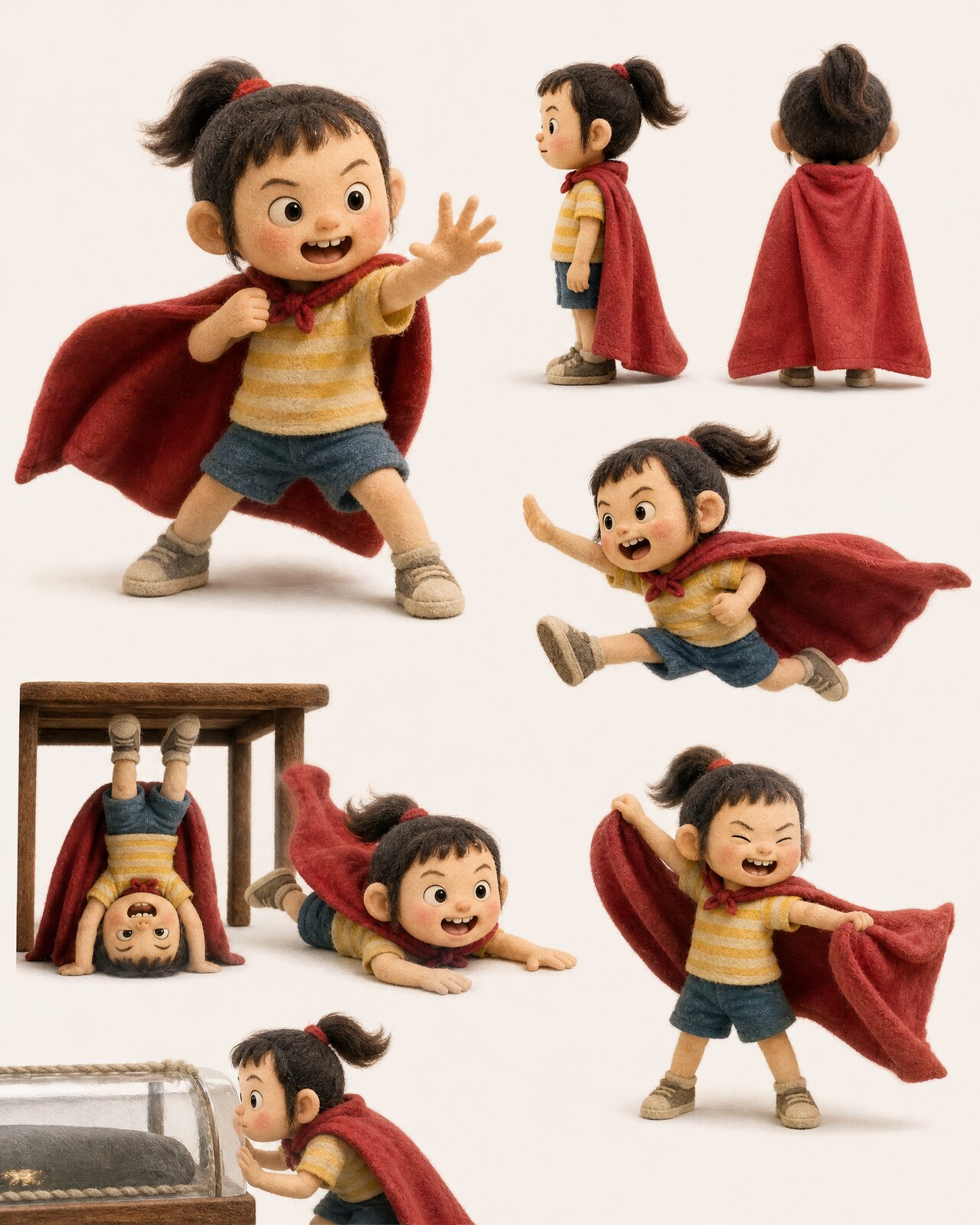 Felt-craft hero characters mid-flight