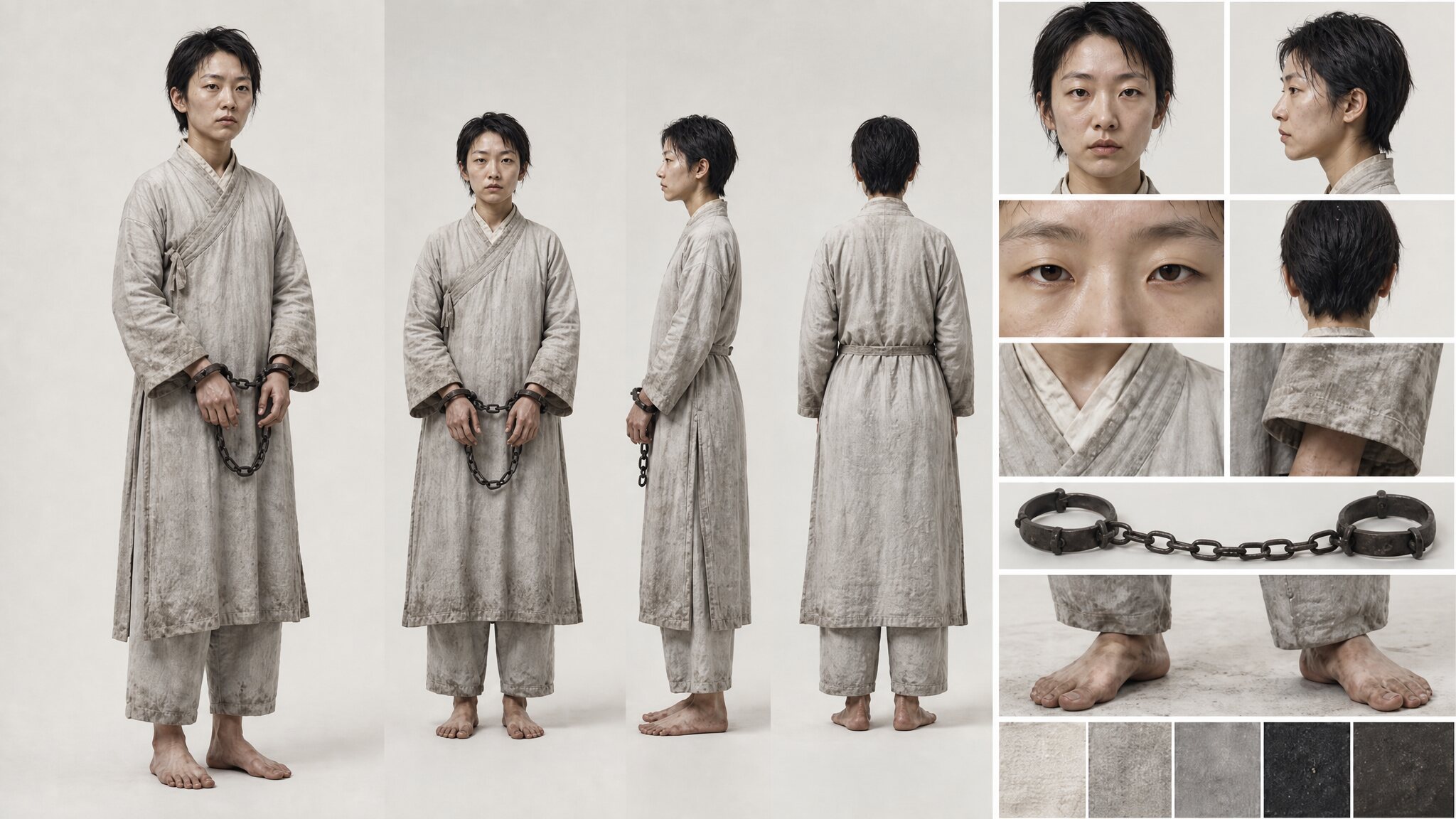 Character turnaround study of a bound prisoner — front, profile and detail sheet