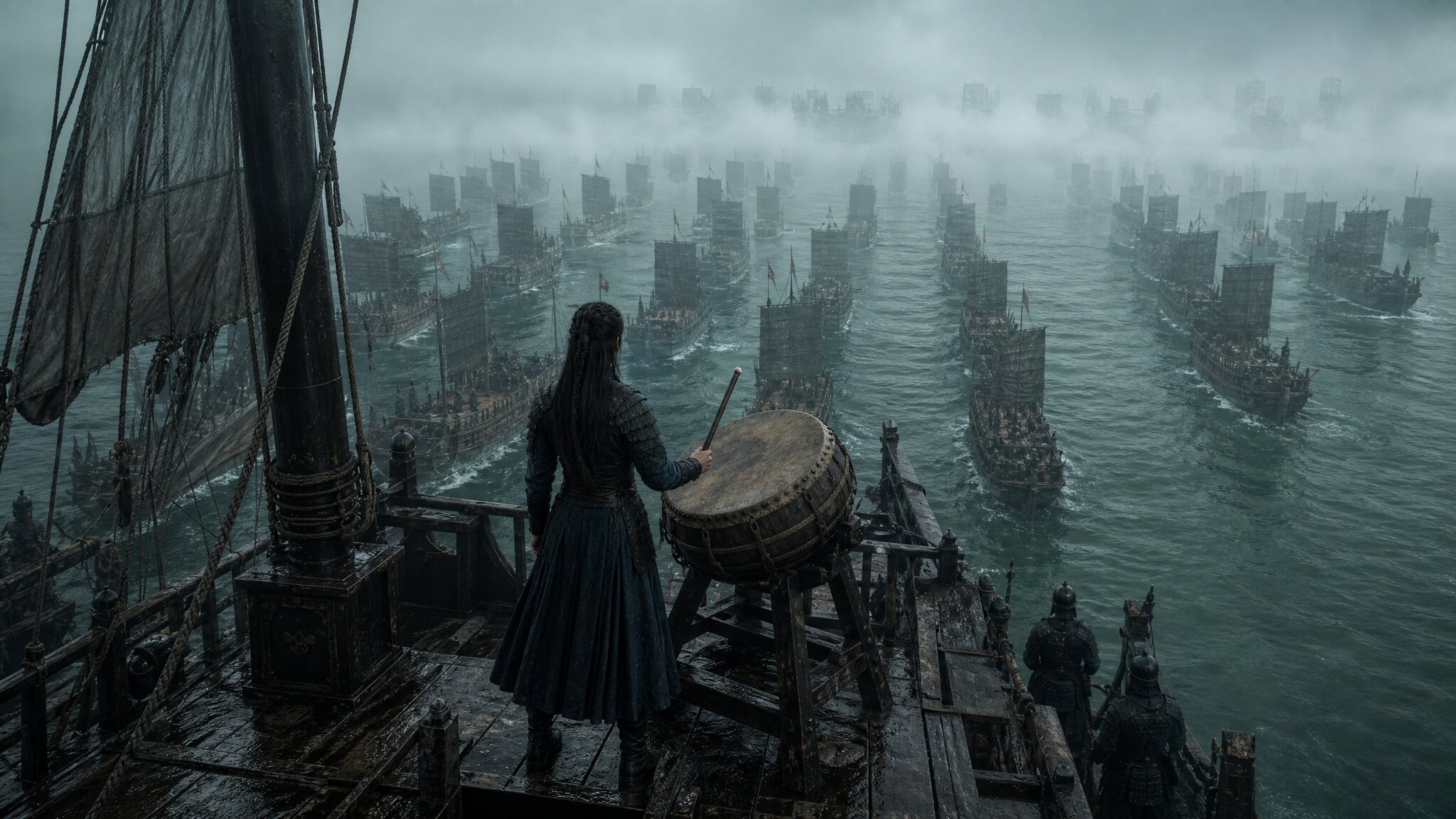 A lone figure beats a war drum before a fog-bound fleet