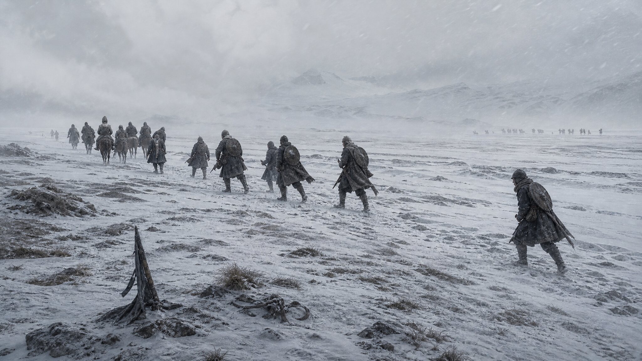 A column of soldiers crossing a vast, wind-driven snowfield