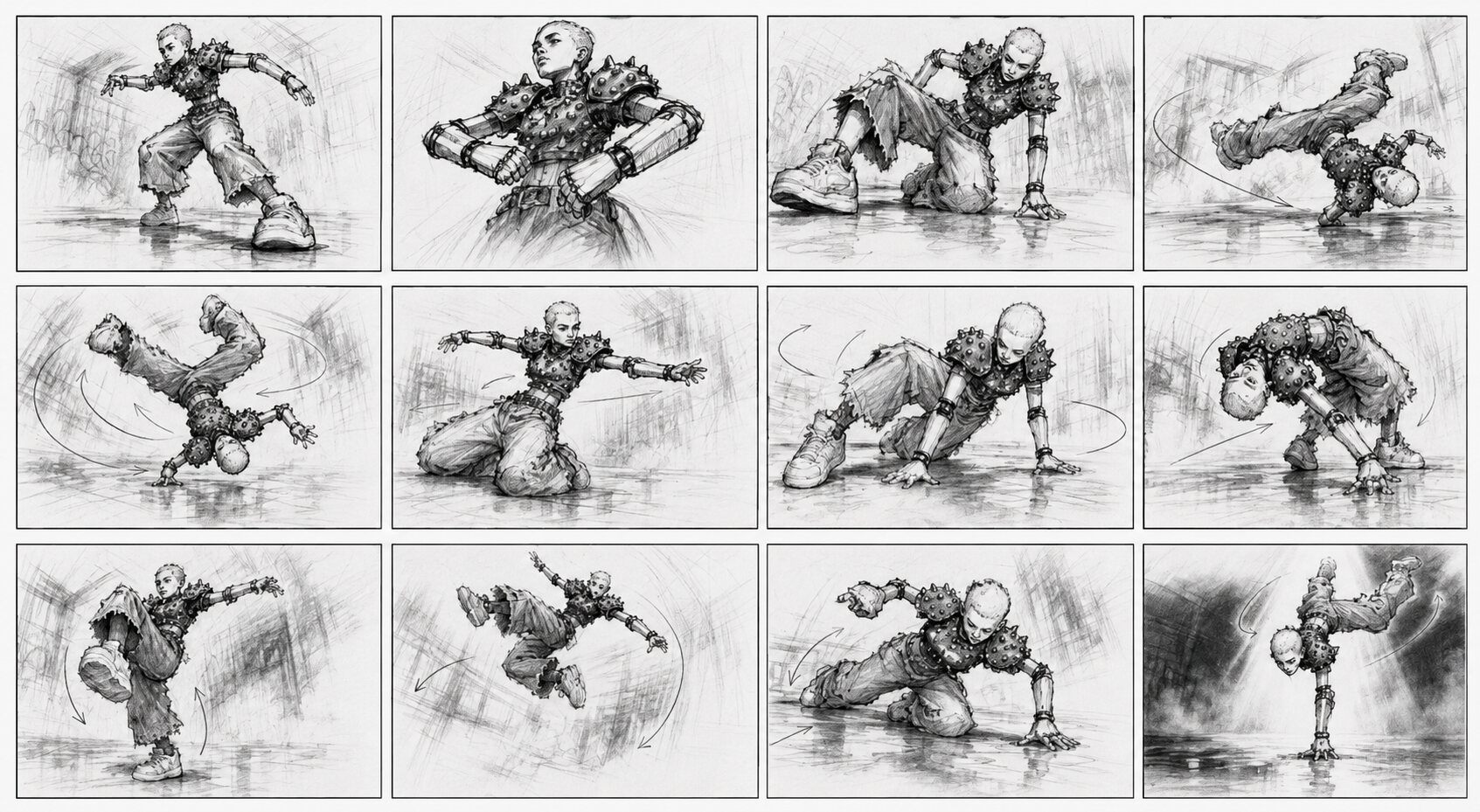 Hand-drawn storyboard sequence of a figure in motion across twelve frames